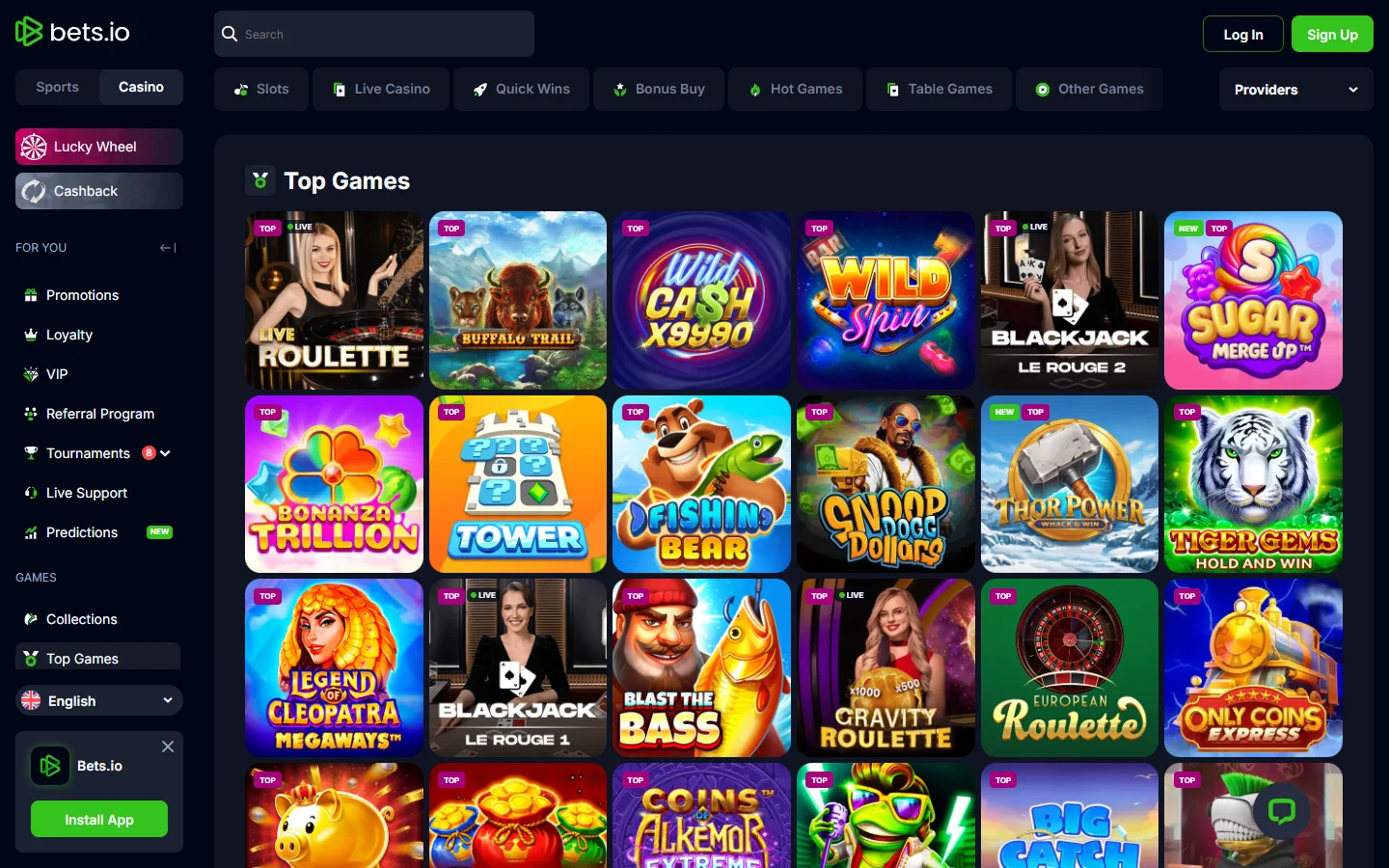 Bets.io games lobby with slots categories