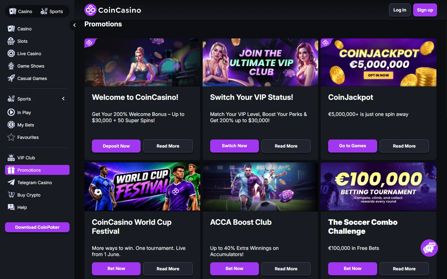 CoinCasino promotions page listing welcome offer and VIP match