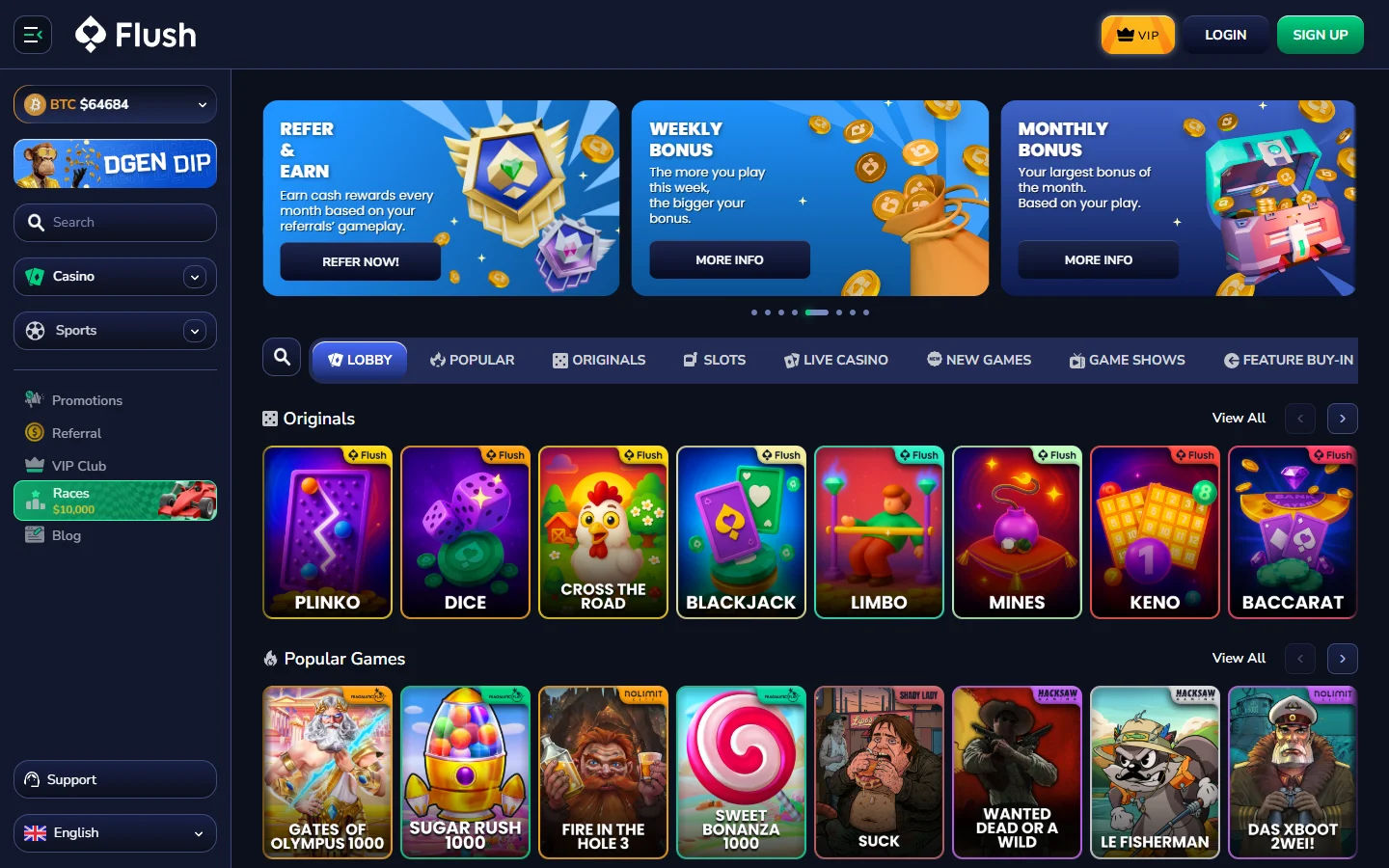 Flush casino games lobby with pokies and feature buy section