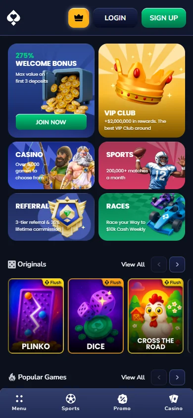 Flush casino mobile homepage on a phone screen