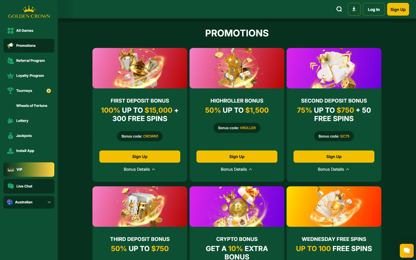 Golden Crown Casino promotions page with the deposit bonus ladder