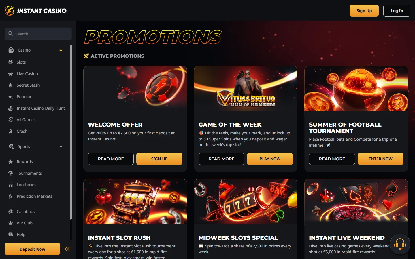 Instant Casino promotions page with cashback and welcome offers