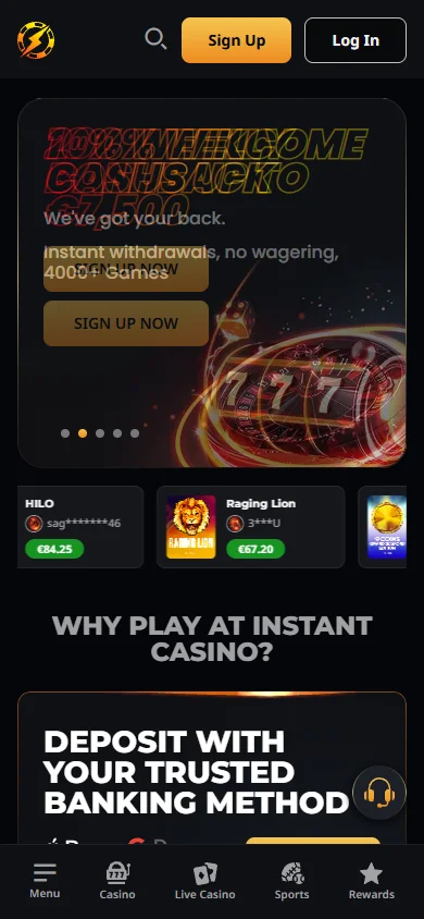 Instant Casino mobile homepage on a phone screen