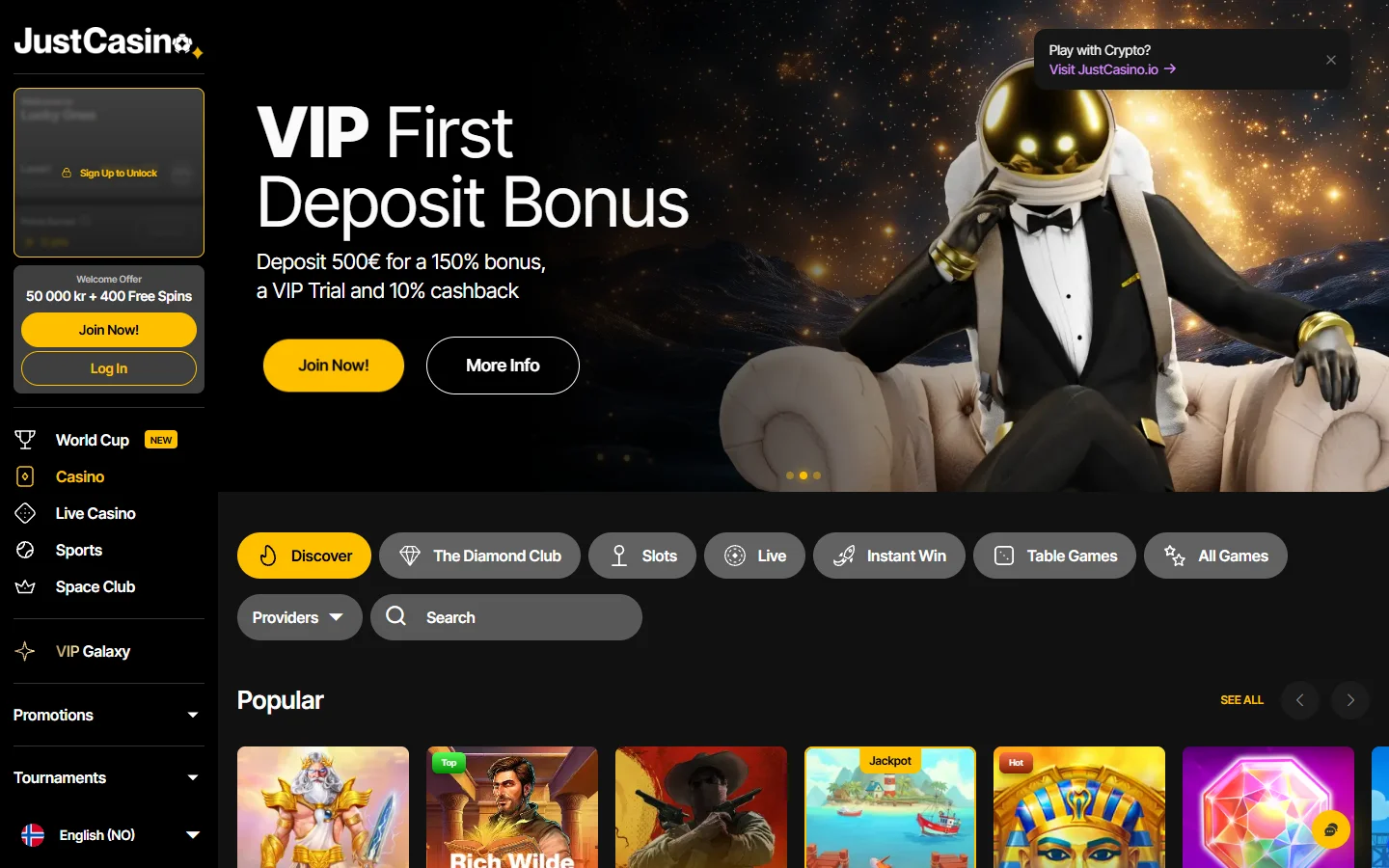 JustCasino homepage