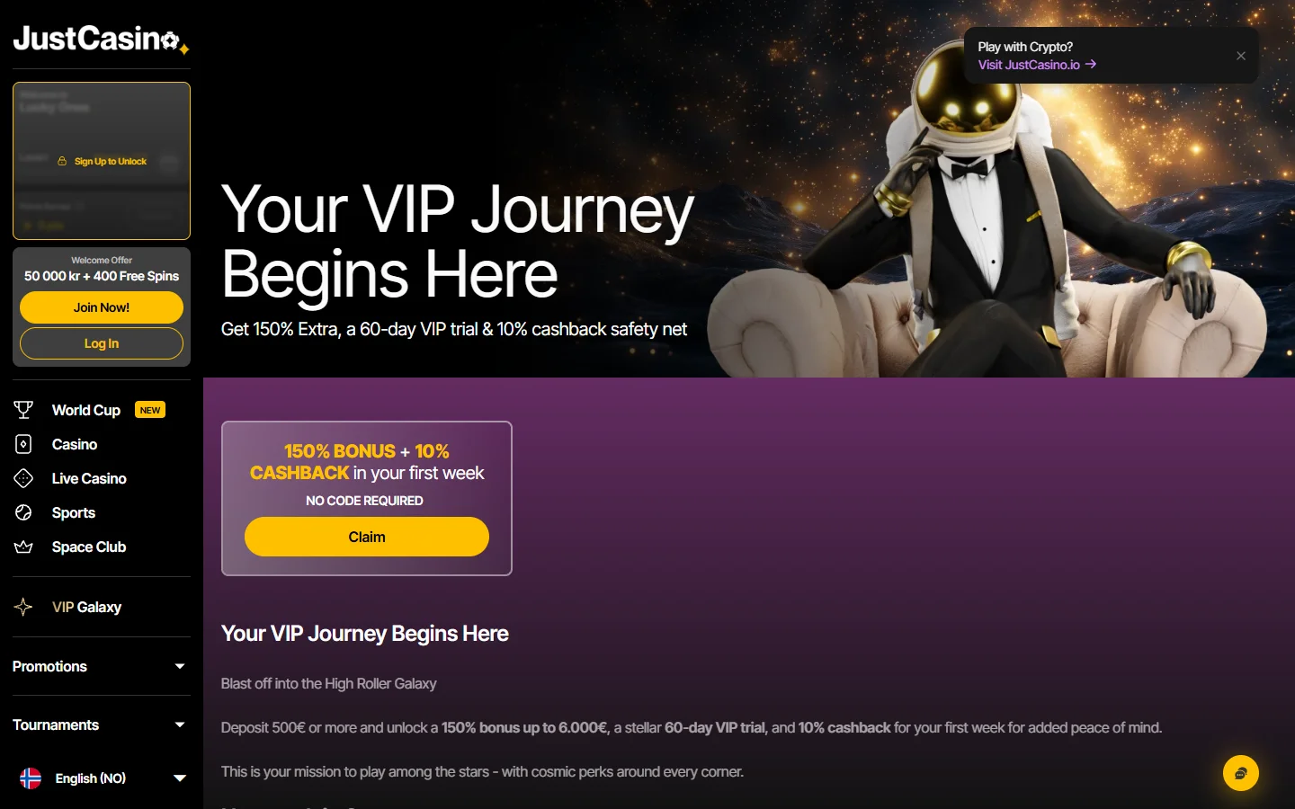 JustCasino promotions page with welcome and reload offers