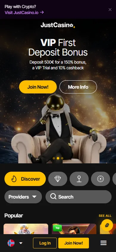 JustCasino mobile homepage on a phone screen
