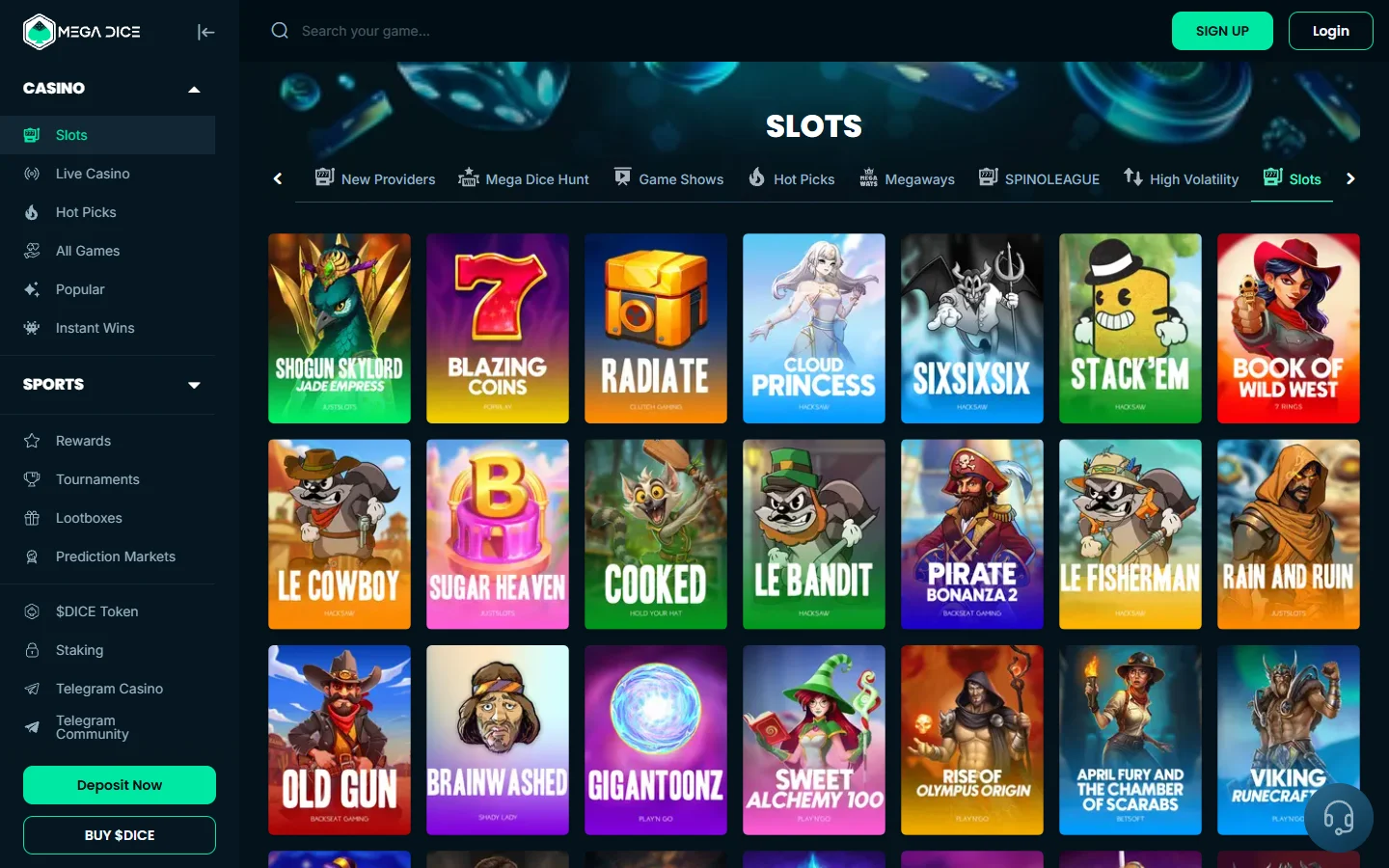 Mega Dice games lobby with pokies tiles and categories