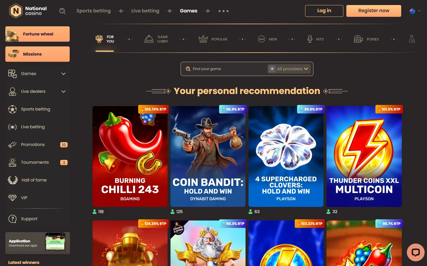 National Casino games lobby with RTP badges on pokies tiles