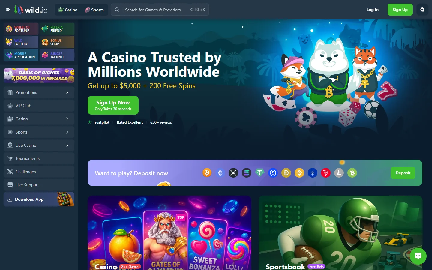 Wild.io, our top ethereum casino for Australian players, homepage with welcome package and coin support